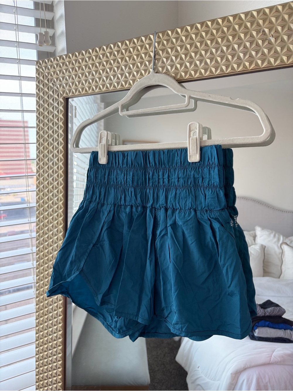 FP Movement by Free People Teal Blue Smocked High-Waist Athletic Shorts